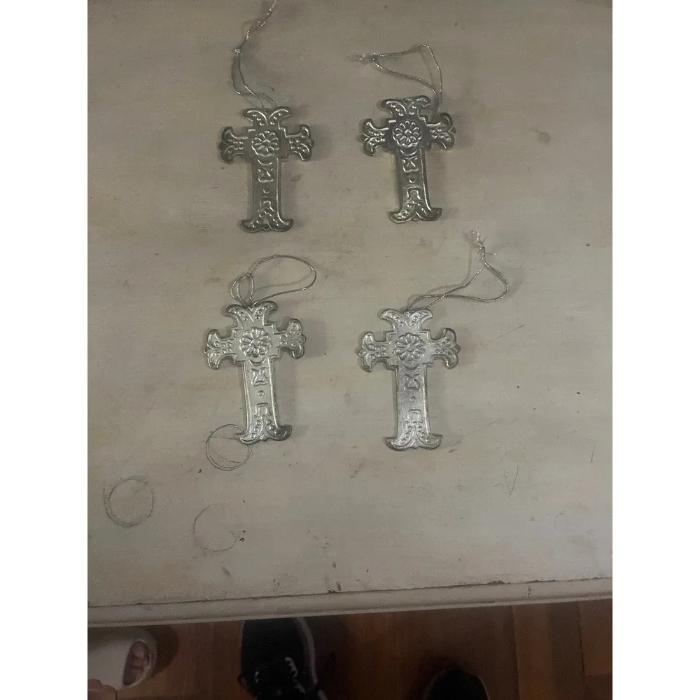 Vintage Silver Tone Embossed Metal Cross Ornaments Set of 4 Floral Design 4 Inch